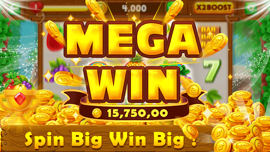 Mega Win slot game featuring golden coins, 7 symbol and big win bonus theme